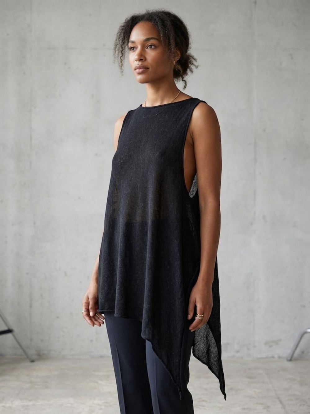 Sarah Pacini Asymmetrical Charcoal Grey Sleeveless Knit Raw Edge Top One Size